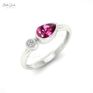 Gemstone Bezel Set Ring With 0.54 Ct Rhodolite Garnet And G-H Diamond 14k Real Gold Rings