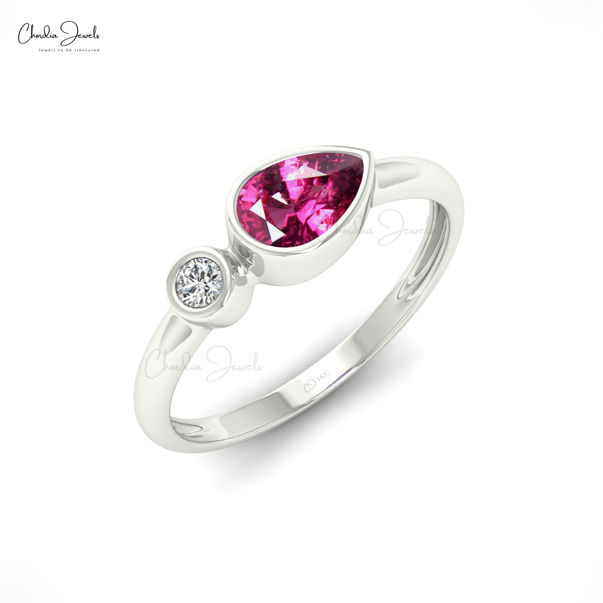 Gemstone Bezel Set Ring With 0.54 Ct Rhodolite Garnet And G-H Diamond 14k Real Gold Rings