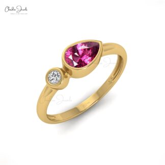 Gemstone Bezel Set Ring With 0.54 Ct Rhodolite Garnet And G-H Diamond 14k Real Gold Rings