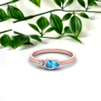 Pear Cut Unique Band In Pure 14k Gold Swiss Blue Topaz Diamond 2 Stone Ring For Her