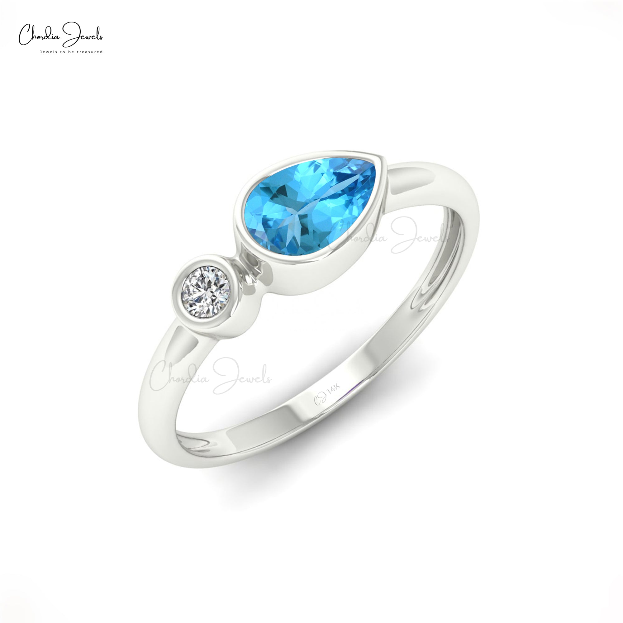 Pear Cut Unique Band In Pure 14k Gold Swiss Blue Topaz Diamond 2 Stone Ring For Her