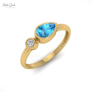 Pear Cut Unique Band In Pure 14k Gold Swiss Blue Topaz Diamond 2 Stone Ring For Her