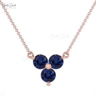 Pure 14k Gold 3 Stone Chain Necklace with 3mm Blue Sapphire Cluster Women Necklaces