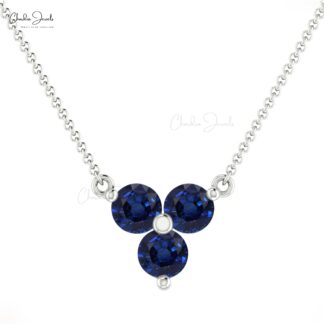 Pure 14k Gold 3 Stone Chain Necklace with 3mm Blue Sapphire Cluster Women Necklaces