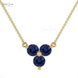Pure 14k Gold 3 Stone Chain Necklace with 3mm Blue Sapphire Cluster Women Necklaces