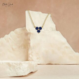 Pure 14k Gold 3 Stone Chain Necklace with 3mm Blue Sapphire Cluster Women Necklaces