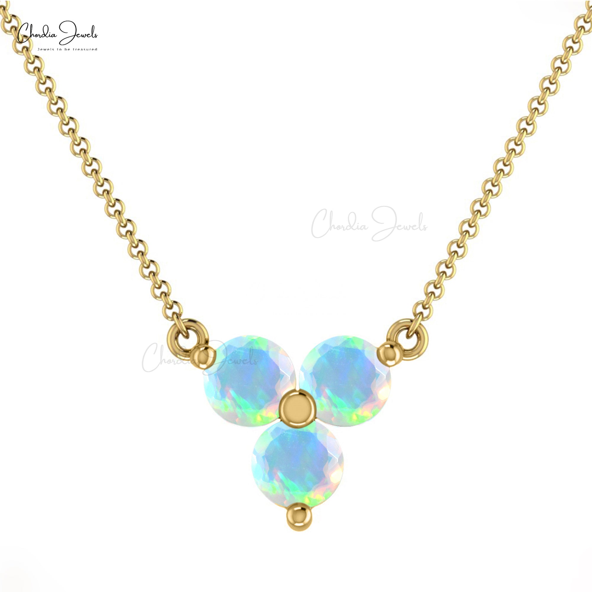 Genuine Opal Gemstone Solid 14k Gold Three Stone Necklace