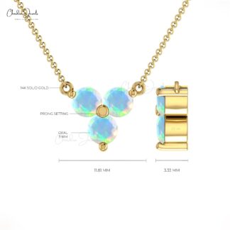 Genuine Opal Gemstone Solid 14k Gold Three Stone Necklace