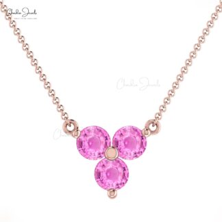 Natural Pink Sapphire Cluster Necklace With 3mm Gemstone Thin Chain 14k Gold Necklace