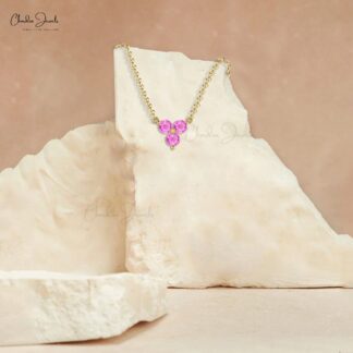 Natural Pink Sapphire Cluster Necklace With 3mm Gemstone Thin Chain 14k Gold Necklace