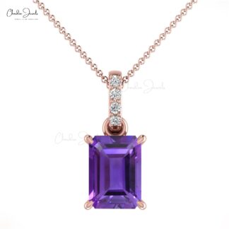 Gemstone Dangle Pendant With 7x5mm Amethyst And Diamond 14k Real Gold Jewelry