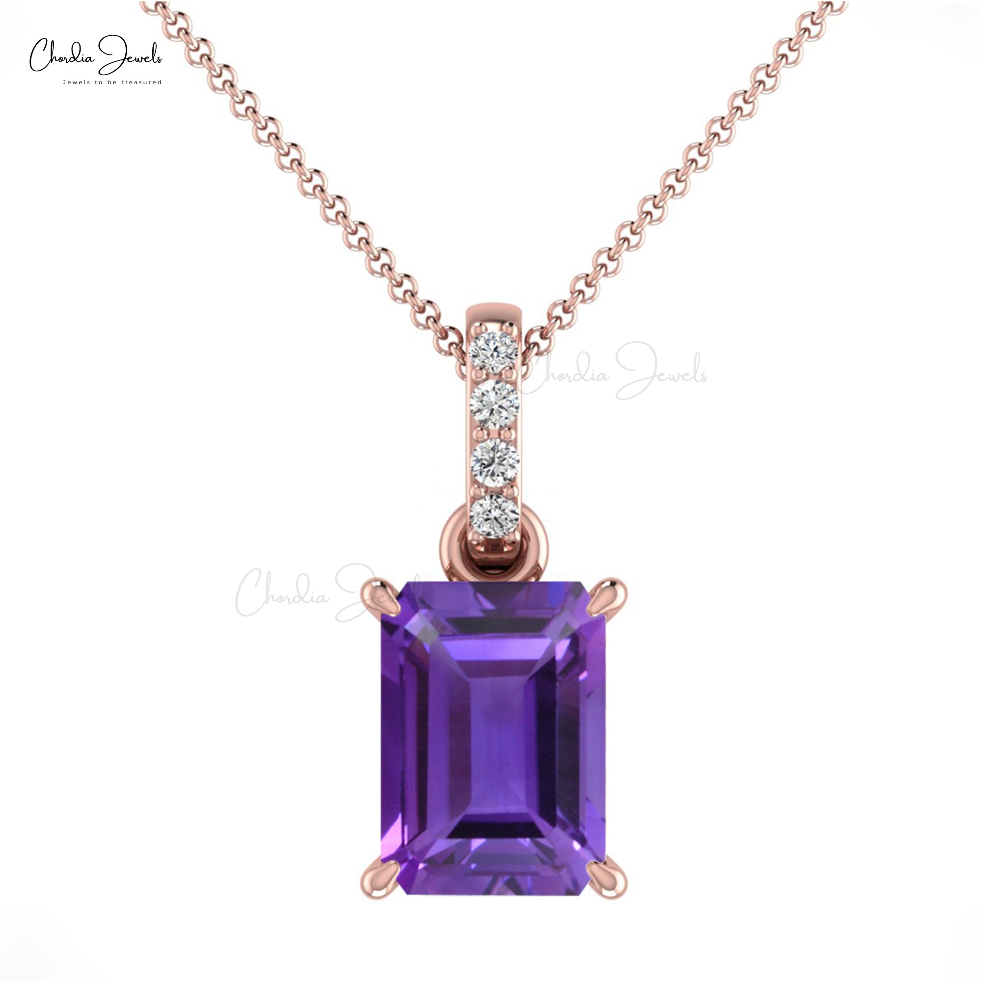 Gemstone Dangle Pendant With 7x5mm Amethyst And Diamond 14k Real Gold Jewelry