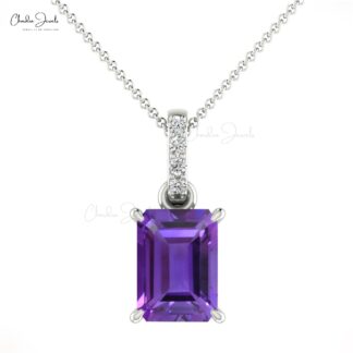 Gemstone Dangle Pendant With 7x5mm Amethyst And Diamond 14k Real Gold Jewelry