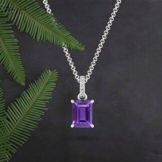 Gemstone Dangle Pendant With 7x5mm Amethyst And Diamond 14k Real Gold Jewelry