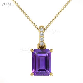 Gemstone Dangle Pendant With 7x5mm Amethyst And Diamond 14k Real Gold Jewelry