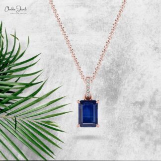 Octagon Blue Sapphire Dangle Pendant In Real 14k Gold Diamond Minimalist Pendants