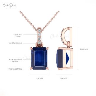 Octagon Blue Sapphire Dangle Pendant In Real 14k Gold Diamond Minimalist Pendants