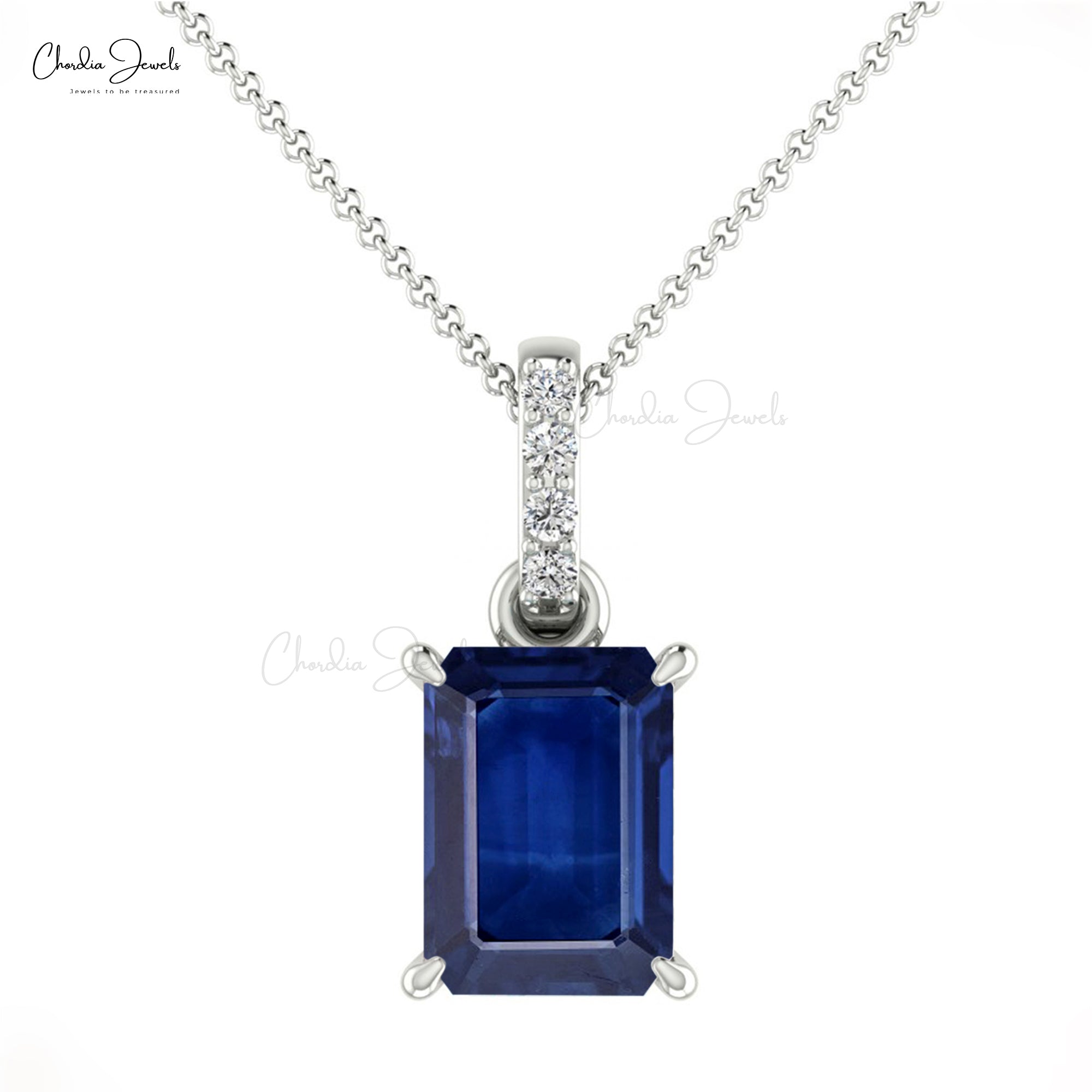Octagon Blue Sapphire Dangle Pendant In Real 14k Gold Diamond Minimalist Pendants