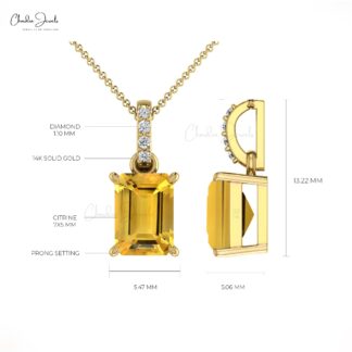 Pure 14k Gold Dangling Pendant With 7x5mm Citrine And Pave Diamond Handmade Pendants