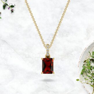 Natural Emerald Cut Garnet Pendant in 14k Solid Gold