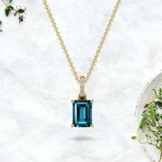 Octagon Dangle Pendant In 14k Real Gold London Blue Topaz With Diamond Necklace For Her