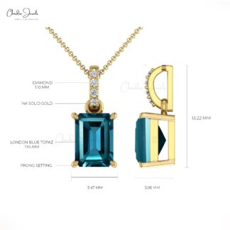 Octagon Dangle Pendant In 14k Real Gold London Blue Topaz With Diamond Necklace For Her
