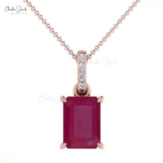 Octagon Cut Dangle Pendant With 7x5mm Ruby Gemstone And Diamond 14k Solid Gold Necklace