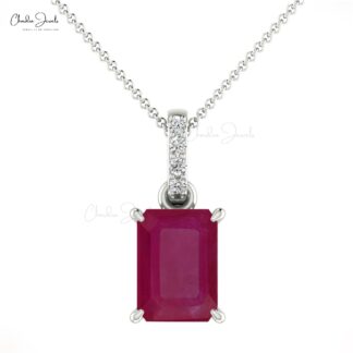 Octagon Cut Dangle Pendant With 7x5mm Ruby Gemstone And Diamond 14k Solid Gold Necklace