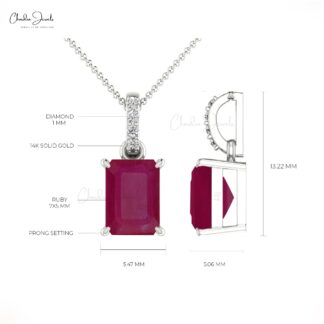 Octagon Cut Dangle Pendant With 7x5mm Ruby Gemstone And Diamond 14k Solid Gold Necklace