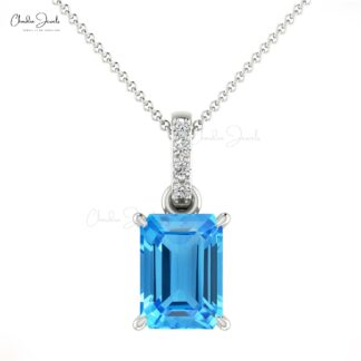 Genuine Swiss Blue Topaz Dangle Pendant In Solid 14k Gold G-H Diamond Women Jewelry