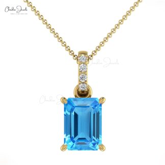 Genuine Swiss Blue Topaz Dangle Pendant In Solid 14k Gold G-H Diamond Women Jewelry