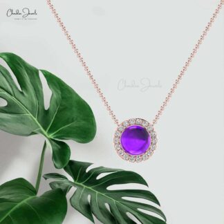 Halo Diamond Unique Necklace In Solid 14k Gold Amethyst 6mm Gemstone Chain Necklace