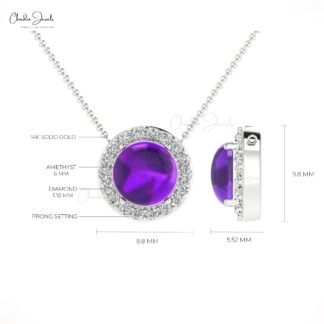 Halo Diamond Unique Necklace In Solid 14k Gold Amethyst 6mm Gemstone Chain Necklace