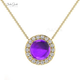 Halo Diamond Unique Necklace In Solid 14k Gold Amethyst 6mm Gemstone Chain Necklace