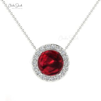 Natural Garnet Diamond Halo 14K Real Gold Minimalist Necklace