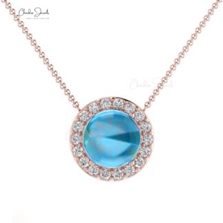 Natural Swiss Blue Topaz & Diamond Halo Necklace For Gift