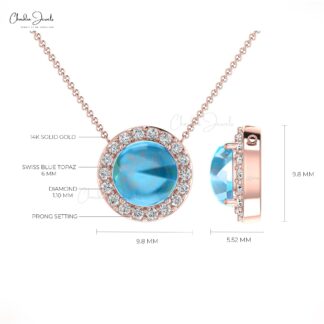 Natural Swiss Blue Topaz & Diamond Halo Necklace For Gift