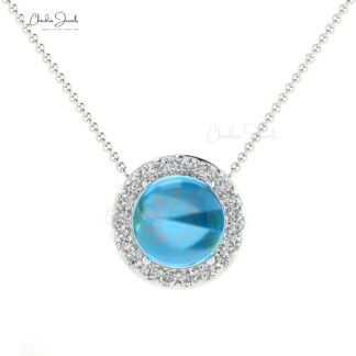 Natural Swiss Blue Topaz & Diamond Halo Necklace For Gift