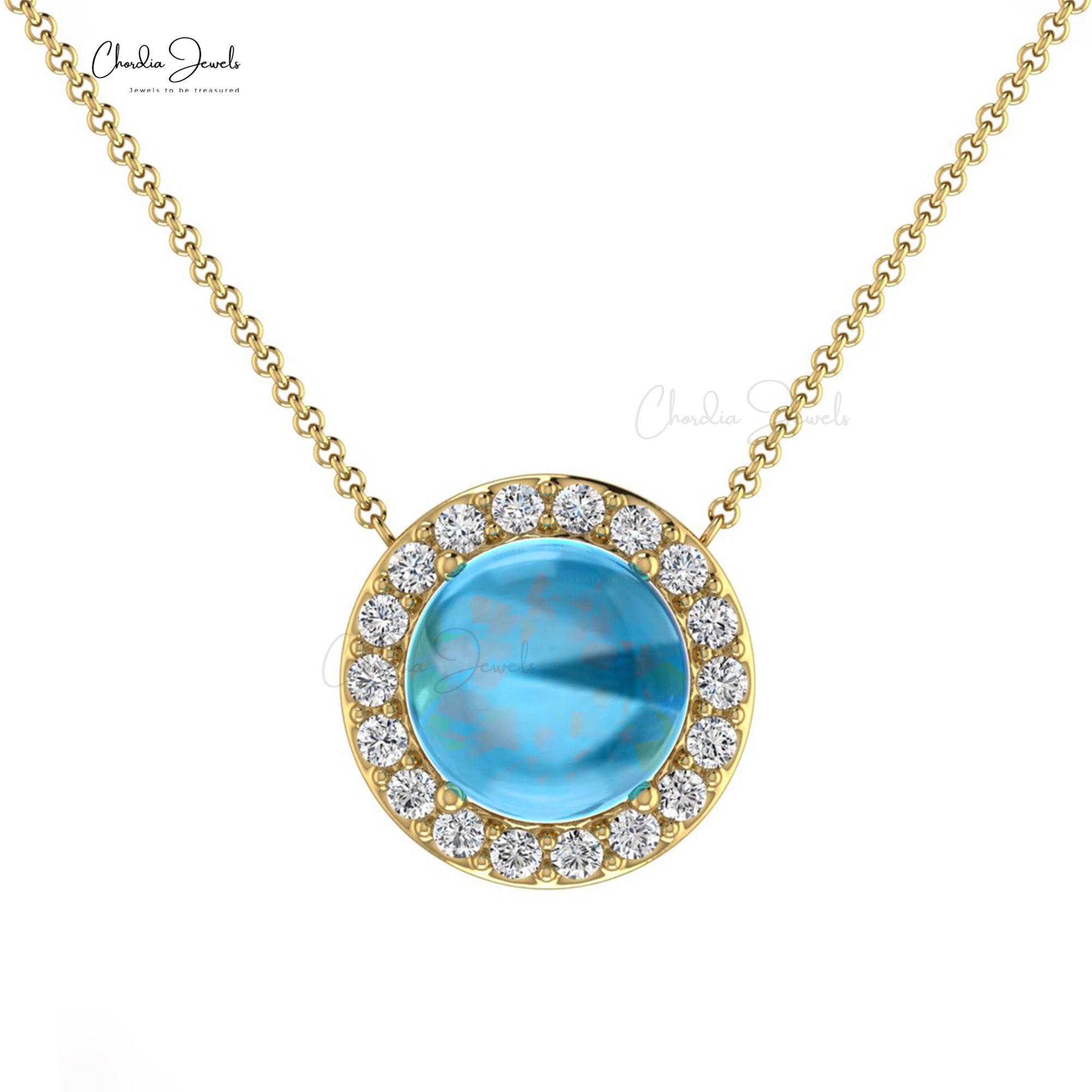 Natural Swiss Blue Topaz & Diamond Halo Necklace For Gift