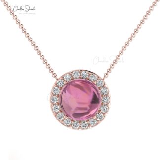 Halo Round Cut Necklace In Solid 14k Gold Pink Tourmaline And Diamond Wedding Necklace