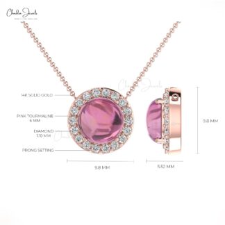 Halo Round Cut Necklace In Solid 14k Gold Pink Tourmaline And Diamond Wedding Necklace