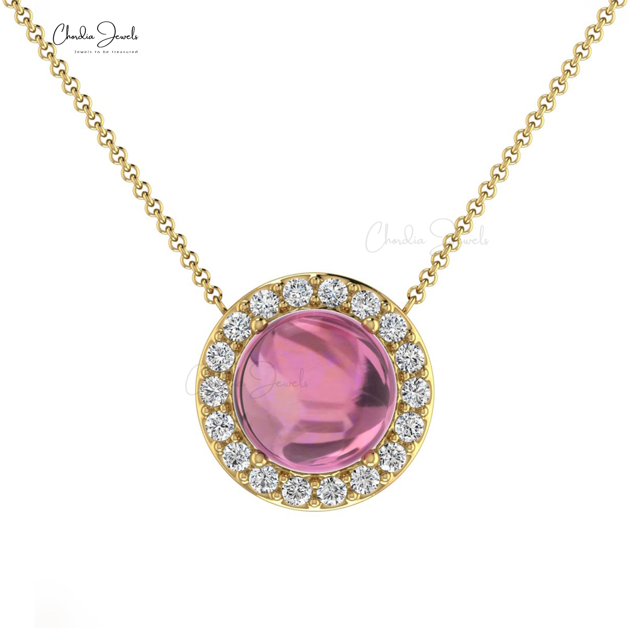 Halo Round Cut Necklace In Solid 14k Gold Pink Tourmaline And Diamond Wedding Necklace