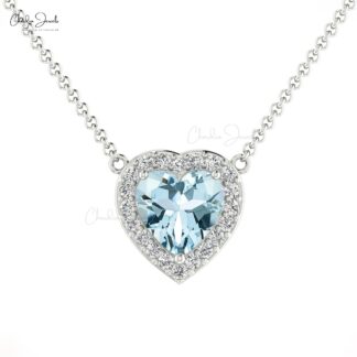 Halo Heart Necklace With Genuine Aquamarine & Diamond