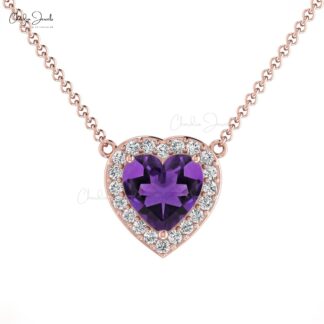 Gemstone Halo Necklace in Solid 14k Gold Amethyst And Diamond Hallmarked Necklaces
