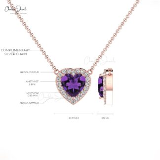 Gemstone Halo Necklace in Solid 14k Gold Amethyst And Diamond Hallmarked Necklaces