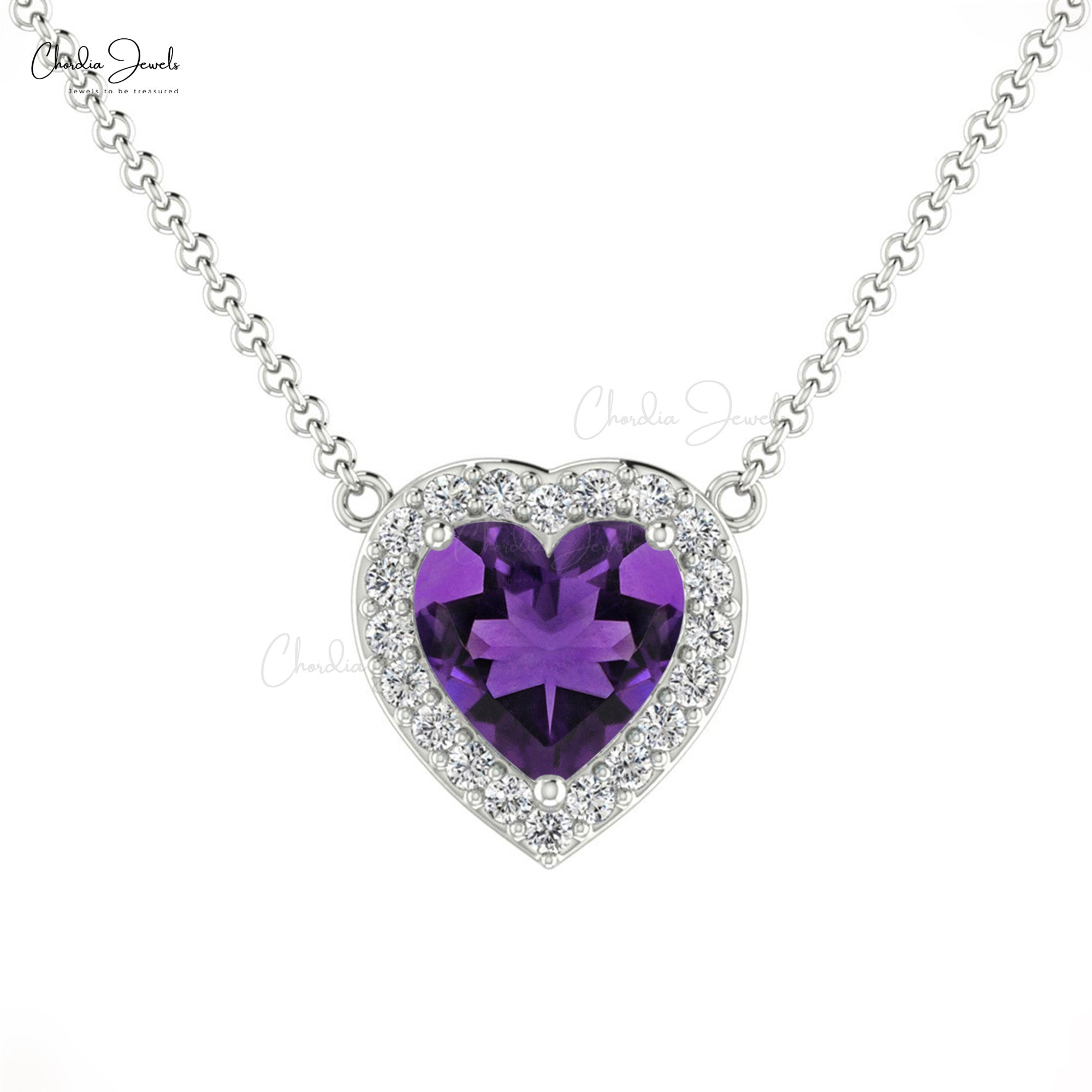 Gemstone Halo Necklace in Solid 14k Gold Amethyst And Diamond Hallmarked Necklaces