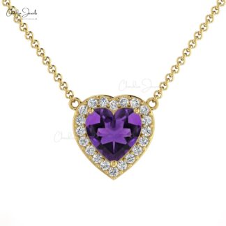 Gemstone Halo Necklace in Solid 14k Gold Amethyst And Diamond Hallmarked Necklaces