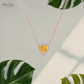 Heart Cut Love Necklace In 14k Solid Gold Citrine 5mm Gemstone And Halo Diamond Necklace