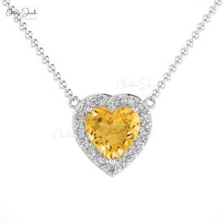 Heart Cut Love Necklace In 14k Solid Gold Citrine 5mm Gemstone And Halo Diamond Necklace