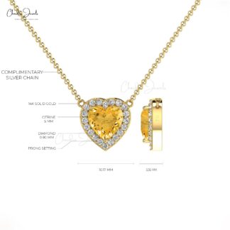 Heart Cut Love Necklace In 14k Solid Gold Citrine 5mm Gemstone And Halo Diamond Necklace